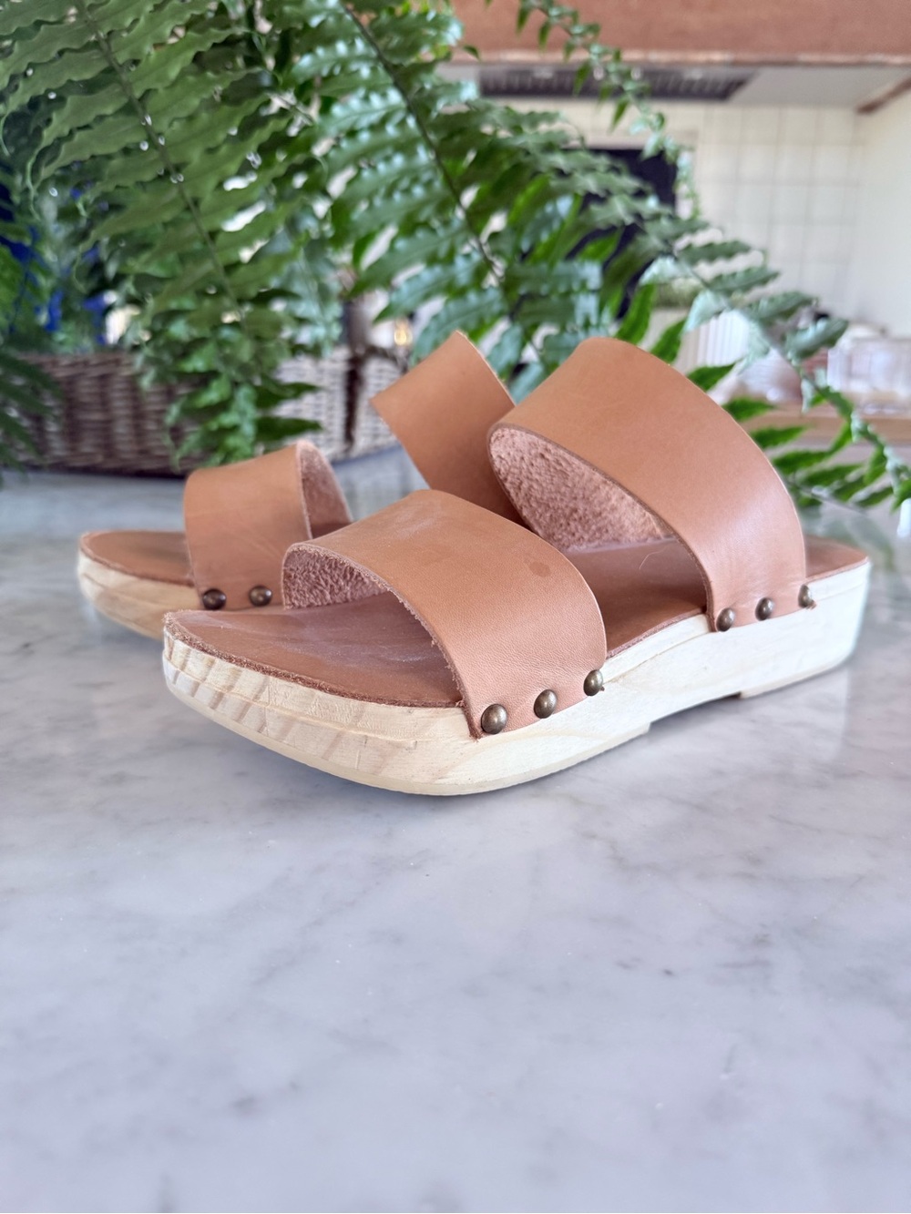 beek Two-Band Tan Leather Slide Clogs